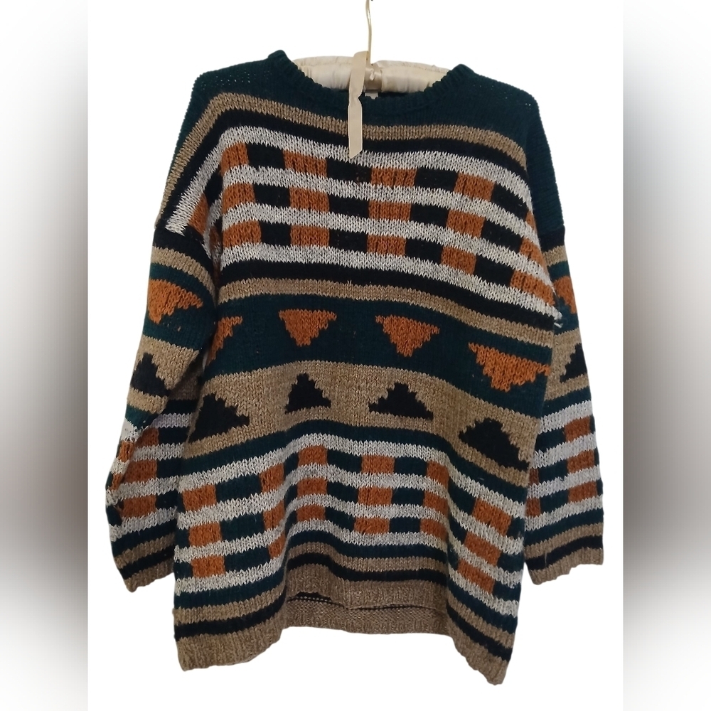 Autumn Coloured Cozy Multicolor Striped Sweater Handknitted Size L - Picture 2 of 2